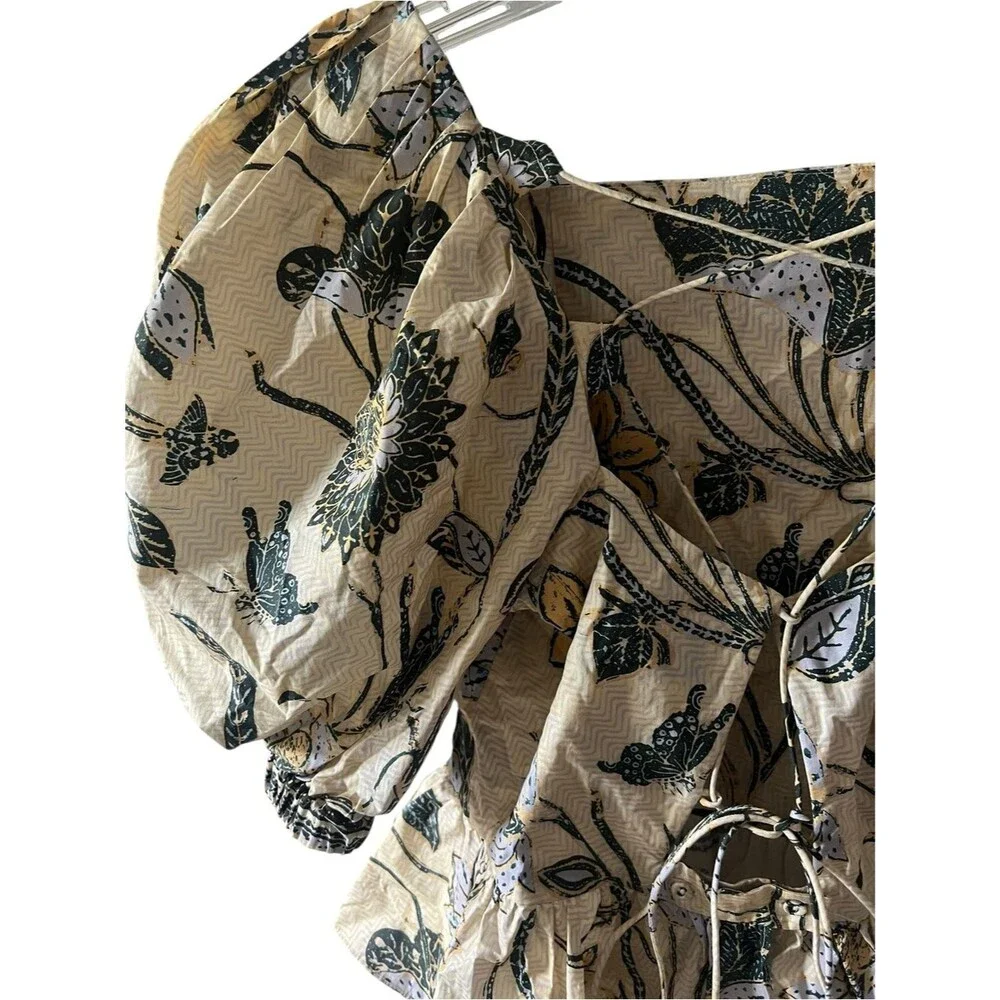 Ulla Johnson Carlotta Floral Cotton Peplum Top Puff Sleeve Lace Up Back Cottage